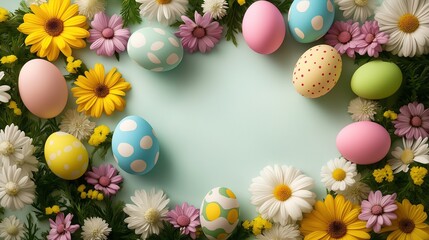 Easter Background with Colorful Eggs and Flowers, Featuring Empty Space for Text or Design