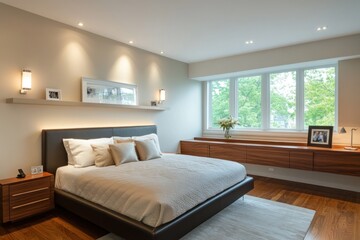 A modern and well lit bedroom with a comfortable bed