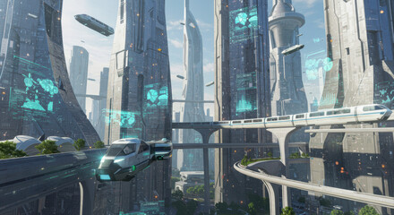 A vibrant cityscape showcases futuristic architecture and transportation systems.