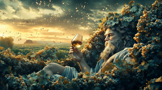 Dionysus enjoys a serene moment surrounded by lush vines and golden skies in a tranquil vineyard at dusk