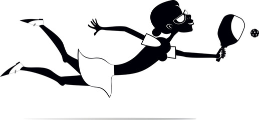 Smiling woman playing pickleball. 
Smiling girl plays pickleball. Black and white illustration
