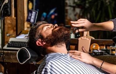 Beard. Barbershop. Hairdresser, hair salon. Bearded man. Barber scissors, barber shop. Vintage...