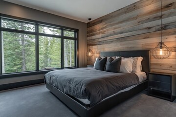 A modern bedroom with a wooden wall and a large window