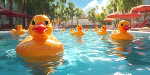 Yellow rubber ducks float in a clear blue swimming pool. Palm trees and red umbrellas create a tropical resort backdrop.