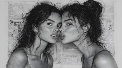 Fototapeta premium Twin women portrait, close-up, newspaper background