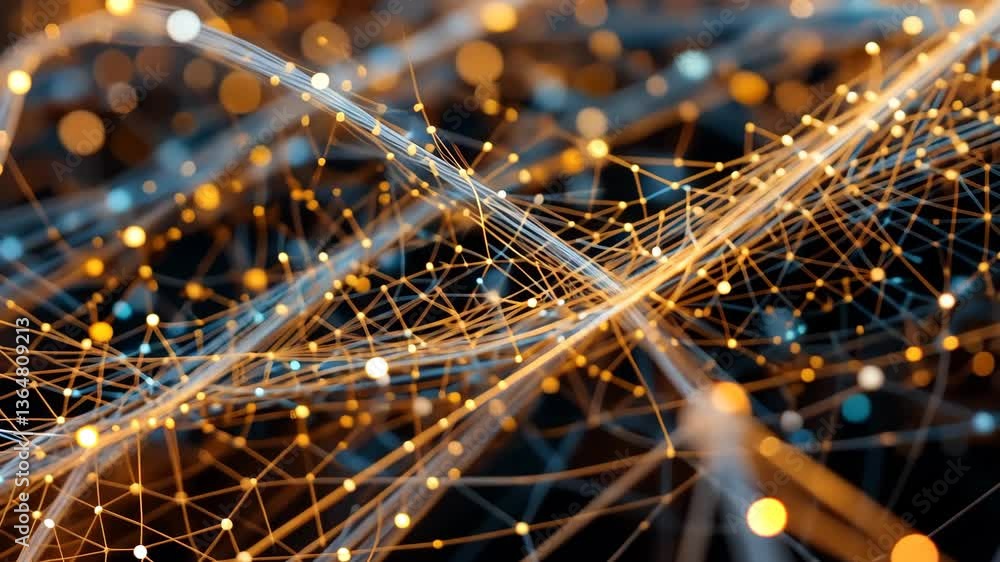 Canvas Prints abstract network of glowing orange and blue connecting lines and dots on black background