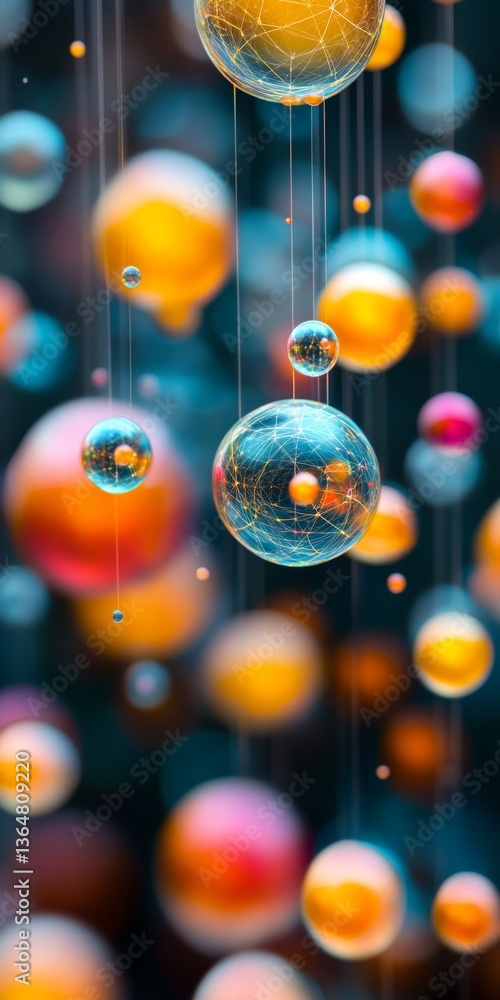 Poster vibrant neural network abstract visualization with interconnected, colorful bubbles, 3d render