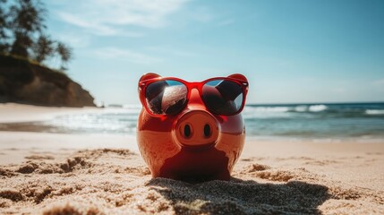 Obraz premium Piggy Bank on Beach Vacation Savings Concept