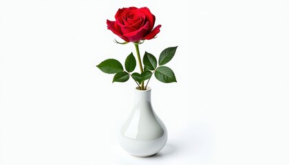 Fototapeta premium Single Red Rose in White Ceramic Vase on White Background