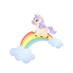 Playful pastel unicorn walking on a rainbow with clouds