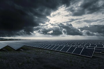 Dramatic Cloudy Sky Above Expansive Solar Farm Landscape
