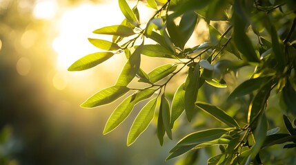 Obraz premium The lush green leaves of a pepper tree illuminated by the warm, soft morning light, with a slightly misty background. 