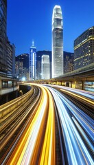 Obraz premium Urban lights streaking down highway at twilight., Modern City, Hong Kong skyline, China