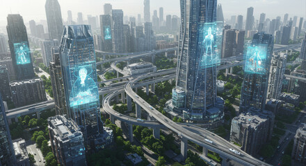 A modern, high-tech city with elevated highways and digital displays on buildings.