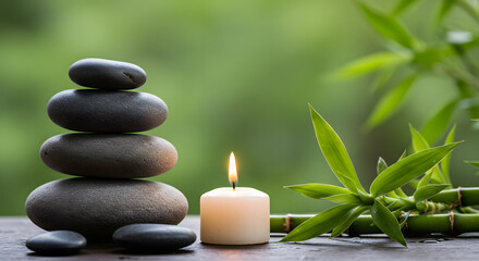 Obraz premium Serene Spa Still Life: Balanced Stones, Lit Candle, Bamboo Shoots