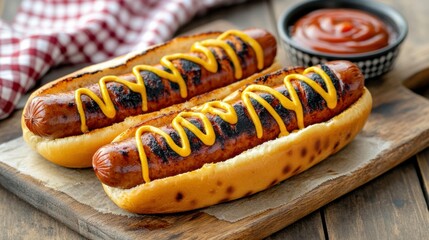 Juicy Grilled Sausages with Mustard on Wooden Cutting Board