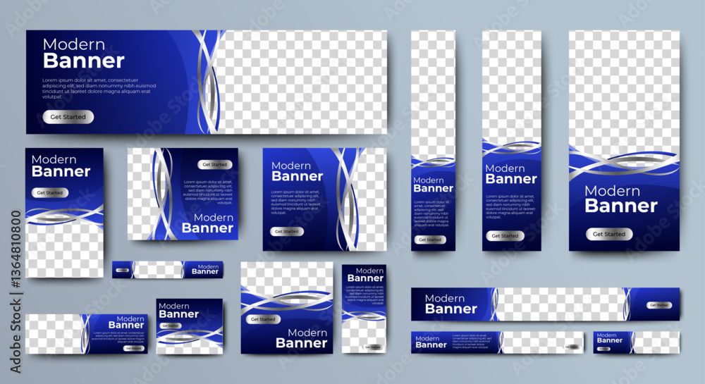 Poster set of blue background for web ad banner template with text and image spaces. vector