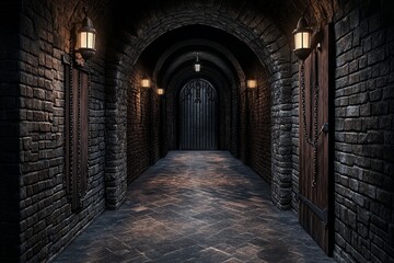 A dungeon corridor with chains hanging from the ceiling, leading to an ominous iron gate at the end