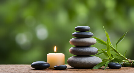 Obraz premium Serene Spa Still Life: Balanced Stones, Lit Candle, Bamboo Sprig