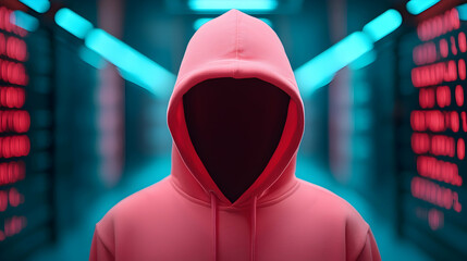 Anonymous Hooded Figure in Pink Hoodie Against Neon Blue and Red Binary Code Background