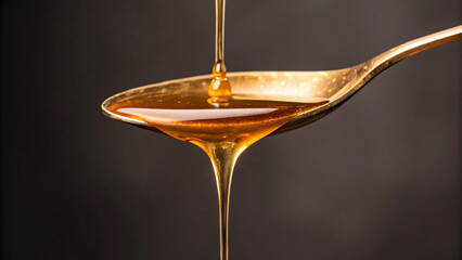 Golden Honey Dripping from Gold Spoon with Brown Background and Smooth Texture