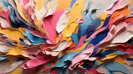 a textured abstract background featuring a dynamic series of colorful paint strokes. The composition is rich with bright hues including pink, blue, yellow, and cream, creating a sense of movement and 