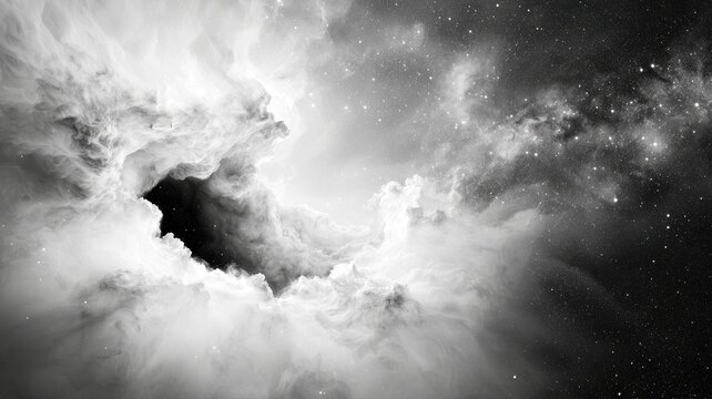 Dramatic black and white cosmic cloud formation in deep space, evoking mystery and exploration.