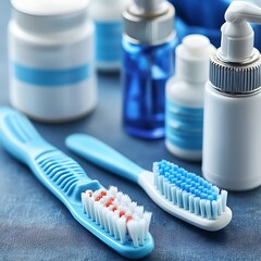 Dental care products and toiletries are arranged on a blue surface