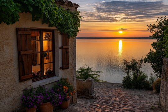 A golden sunrise over Arles, with soft light illuminating the rooftops and the Rh&Atilde;&acute;ne River