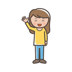 満面の笑顔で挨拶する若いパンツルックの女性の全身イラスト