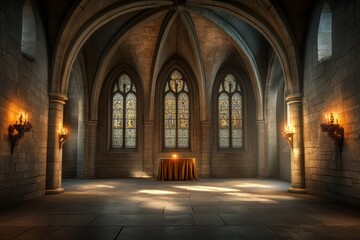 Fototapeta premium A gothic-style dungeon with arched ceilings, stone gargoyle carvings, and dim candlelight flickering in the distance