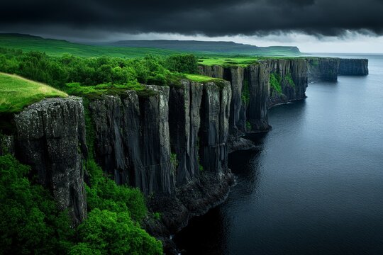 A gothic-style rocky cliffside, with dark, ominous clouds rolling in from the sea