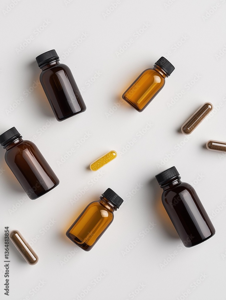 Poster group of six brown glass bottles with black caps arranged in a scattered manner on a white backgroun