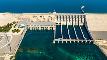 Top down aerial view of dam structure and hydroelectric plant Birecik, Sanliurfa, Turkey