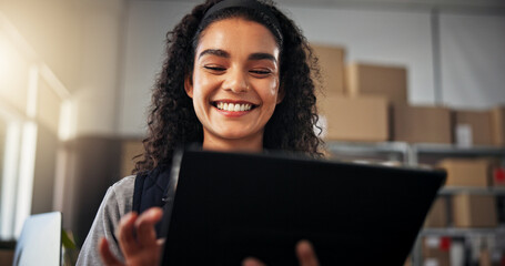Smile, woman and tablet with boxes for delivery, online logistics and distribution in warehouse. Happy, person and digital information for ecommerce supply chain, package tracking and stock inventory