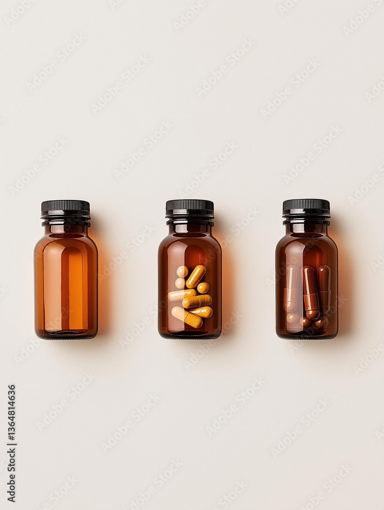 Poster three small amber glass bottles with black lids. the bottles are arranged in a triangular formation,