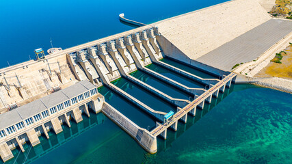 Top down aerial view of dam structure and hydroelectric plant Birecik, Sanliurfa, Turkey