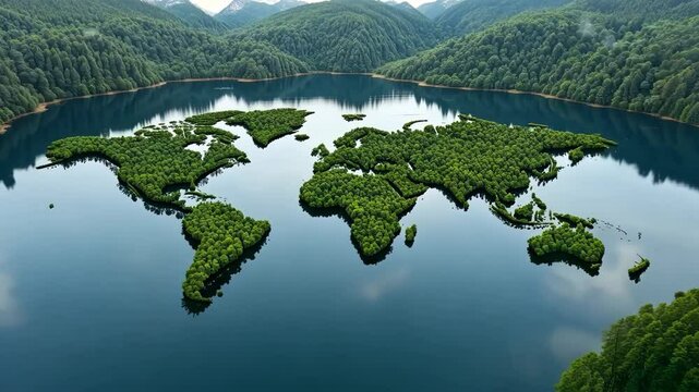 Aerial View of World Map Constructed from Lush Green Trees in a Blue Lake