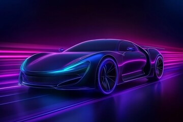 Naklejka premium A high-end Viva Magenta sports car speeding through a neon-lit city at night