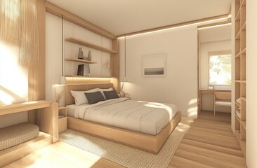 A calming and modern bedroom interior with simple neutral tones
