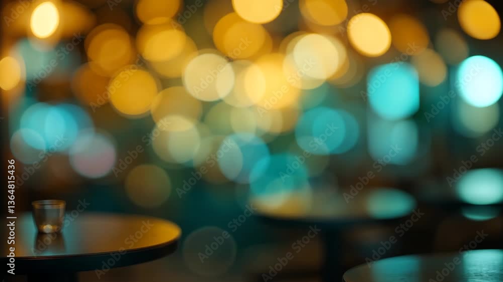 Poster atmospheric bokeh lights in a blurred bar interior with dark tables and subtle lighting with gold an