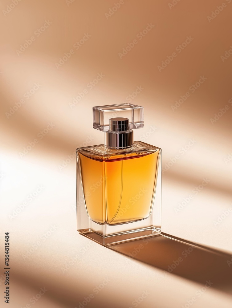 Poster 3d rendering of a perfume bottle. the bottle is made of clear glass and has a square shape with a fl