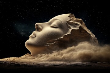 A highly detailed digital rendering of a Springstone carving in progress, dust particles floating in the air