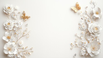 Elegant floral arrangement with golden butterflies on a white backdrop, perfect for design projects.