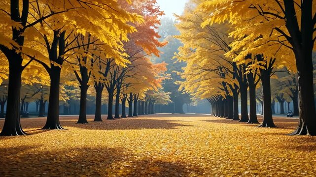 Autumn Park Path With Golden Leaves