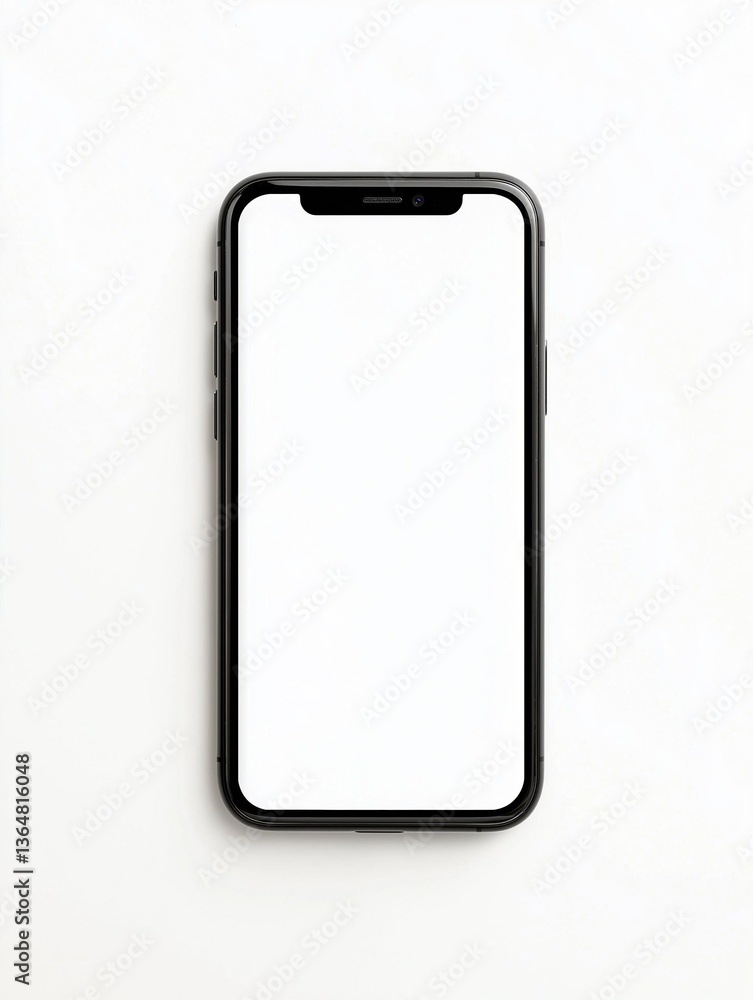Poster black smartphone with a blank white screen. the phone is positioned in a way that it is facing towar