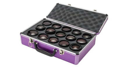 Collection of High-Quality Camera Lenses in a Purple Carrying Case for Photography Enthusiasts and Professionals, Showcasing Lens Variety and Functionality