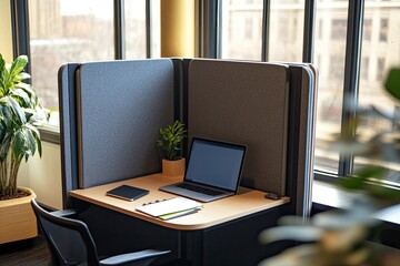Remote Work Corner in an Office A small, designated area with a compact desk, laptop, and acoustic panels for privacy. The setup conveys versatility and adaptability for hybrid workspaces.