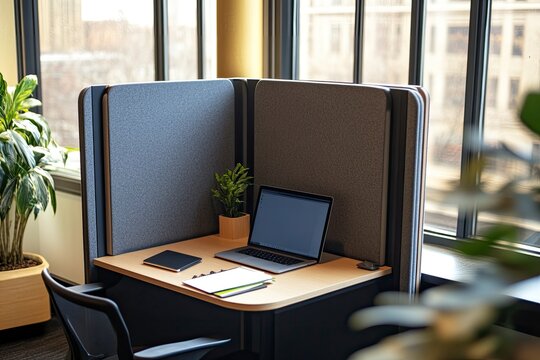 Remote Work Corner in an Office A small, designated area with a compact desk, laptop, and acoustic panels for privacy. The setup conveys versatility and adaptability for hybrid workspaces.