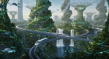 Experience a futuristic city with its green architecture, trains and flying vehicles.